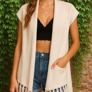 DESIGN HISTORY Marled Tan and Cream Fringed Waterfall Cardigan, S